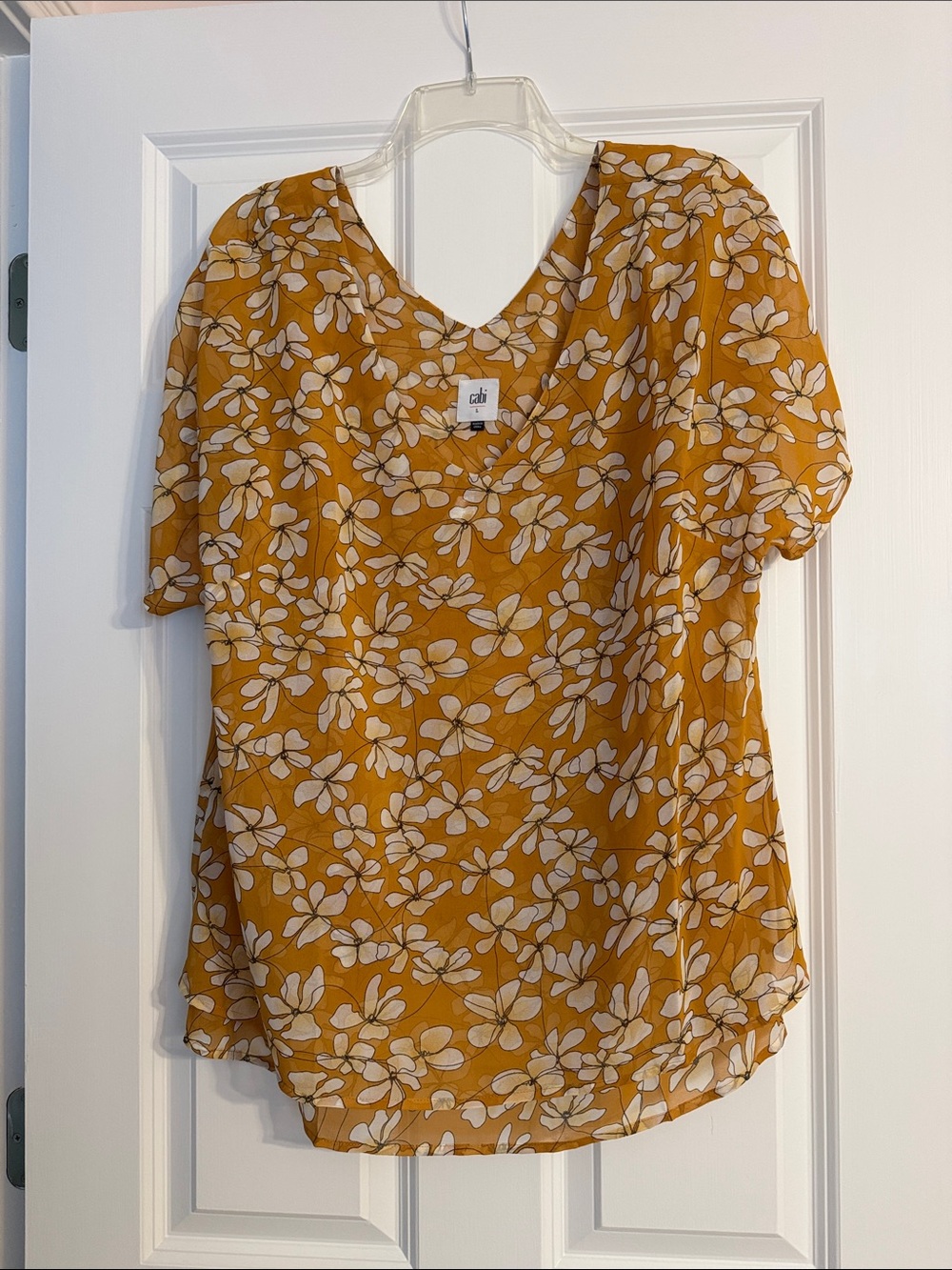 CAbi Mustard Floral V-Neck Short Sleeve Top